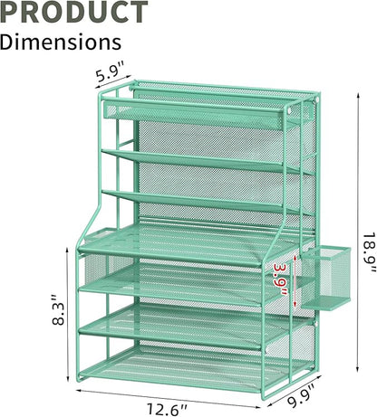 7 Tier Desk File Organizer,Metal Document Holder with Adjustable Shelves, Pull-Out Drawer & Removable Pen Holder for Office Organization,Green