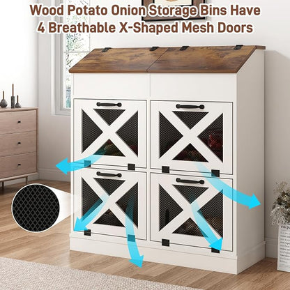 Potato And Onion Storage Bin with Lid,Veggie Bin W/6 Large Storage Box.Root Vegetable Storage Box For Kitchen,Farmhouse Potato Storage Bin W/4 Mesh Doors,Bread Keeper for Toast,Bagel,Donut,Cookies