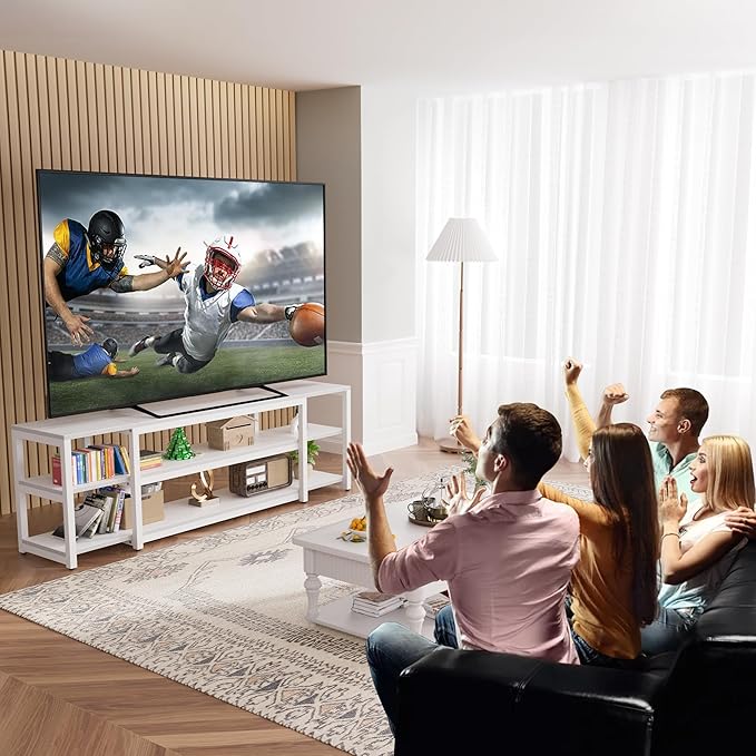 Aquzee White TV Stand for up to 85inch, Entertainment Center for 70 75 80 85" TV, 75.2" Wide Wood Television Console Table for Living Room Bedroom Gaming Room