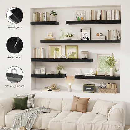 Acovy 24 Inch Floating Shelves, 12" Deep Floating Shelf Wall Mounted, 24" Wall Shelves, Rustic Deep Bookshelf, Extra Deeper & Thicker Display Shelves for Bedroom, Living Room, Black, Set of 2