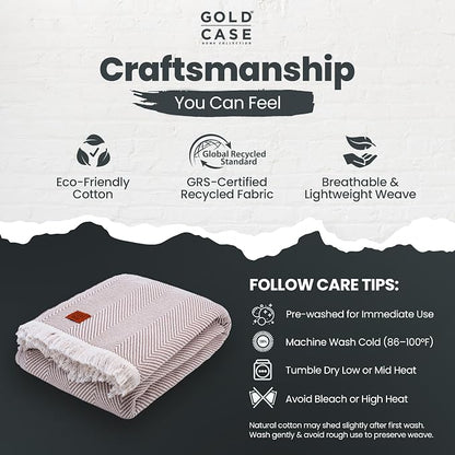 Gold Case Throw Blanket for Bed - 100% Recycled Turkish Cotton Blanket - Elegant Lightweight Soft Throw Blankets for Bed & Living Room - Queen Size Cozy Blankets - 90x90 - Beige
