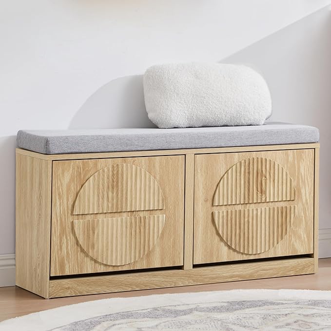 Narrow Shoe Storage Bench for Entryway, Wooden Shoe Cabinet with Flip Drawers& Adjustable Shelves, Shoe Rack Bench with Cushion, Shoe Organizer with Fluted Pattern for Hallway, Living Room (Natural)
