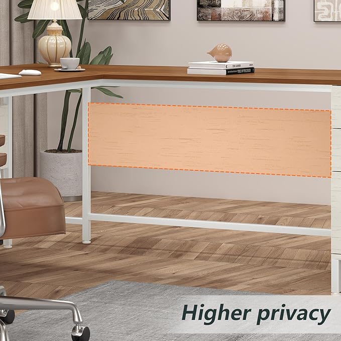 TVU 59’‘ L Shaped Desk with 6 Wood Drawers, Large Home Office Corner Computer Desk with Storage File Cabinet, Modern Metal Wood Desk for Executive Writing Study Workstation