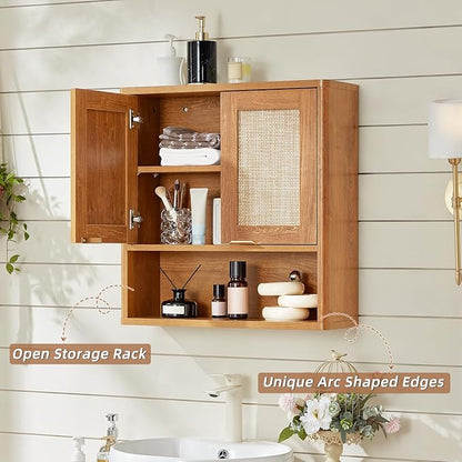 LEYAOYAO Rattan Bathroom Wall Cabinet, Boho Medicine Cabinet with Adjustable Shelf & Doors, Over The Toilet Storage Cabinets Organizer for Laundry Room, Kitchen, Living Room, Tea Brown