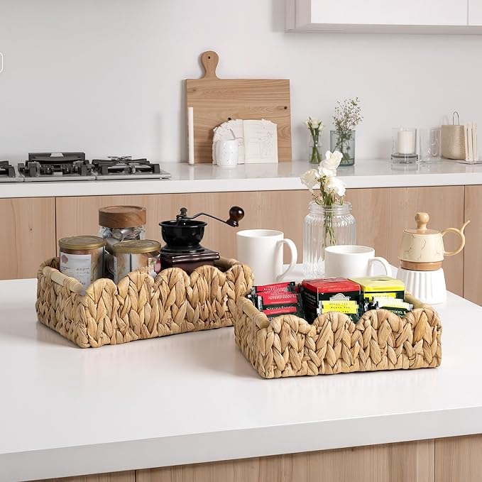 StorageWorks Toilet Paper Storage Basket, Living Room Organizers and Storage, Toilet Paper Basket with Wooden Handles, Small Water Hyacinth Scalloped Basket, Natural