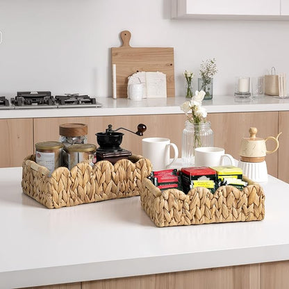 StorageWorks Toilet Paper Storage Basket, Living Room Organizers and Storage, Toilet Paper Basket with Wooden Handles, Small Water Hyacinth Scalloped Basket, Natural