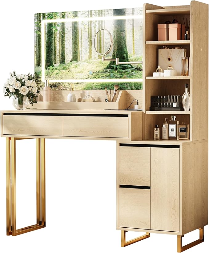 Vanity Desk, 41 Inch Makeup Vanity Table with Mirror Lights 10x Magnifying Mirror Charging Station Drawers Shelves Cabinet Adjustable 3 Color Brightness Dressing Table for Bedroom(Oak)