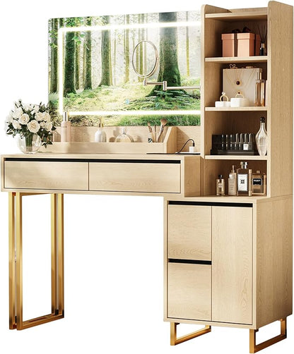 Vanity Desk, 41 Inch Makeup Vanity Table with Mirror Lights 10x Magnifying Mirror Charging Station Drawers Shelves Cabinet Adjustable 3 Color Brightness Dressing Table for Bedroom(Oak)