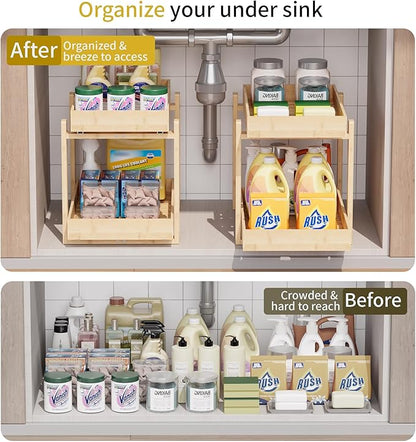 Bamboo Wood Under Sink Organizer 2 Pack, Pull Out Cabinet Organizer 2 Tier Under Sink Organizers and Storage with Sliding Drawer Sturdy Easy Assembly for Kitchen Bathroom Undersink, Natural