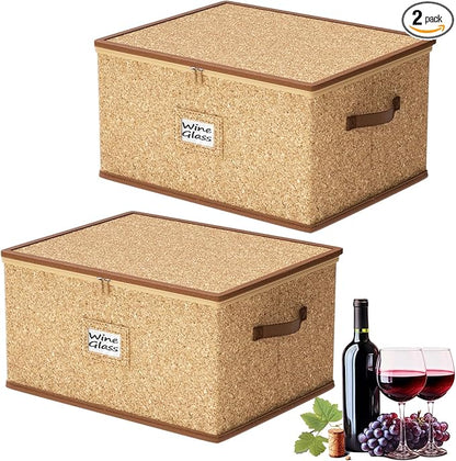 2 Pack Wine Glass Storage Box with Dividers, Hard Shell, Stackable Glassware Storage Containers with Handles & Label, 10'' Tall Stemware Storage Cases for 24 Wine Glasses, Moving & Home Storage