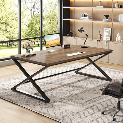 IBF Wood Large Computer Desk, 70.8” Long Home Office Desk for Two Person, Farmhouse Work Study Writing Table in Bedroom, Simple Wide Metal Executive Double PC Gaming Workstation, Rustic Oak