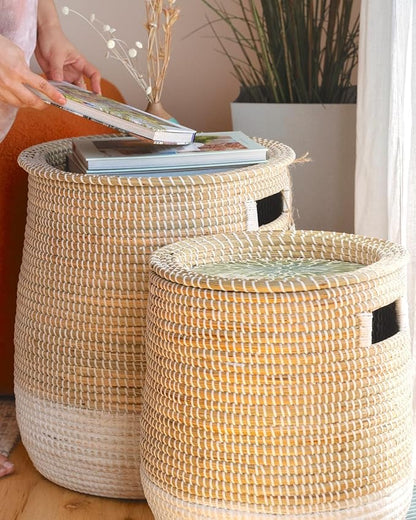 Laundry Baskets Hamper with Removable Laundry Bag, 2 Pack Pure Handwoven Storage Basket, Natural Seagrass Decorative Clothes Hamper for Living Room household, Toy Blanket Plant Organization