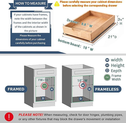 Pull Out Cabinet Drawers - 9x2 Size Options (10-29'W,18-21'D), Pre-Assembled with Soft Close Slides, Solid Beechwood, Easy Installation(10'W x 21'D)
