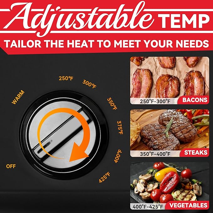 Family-sized Contact Grill, 6-Serving Electric Indoor Grill with Adjustable Temp Control, Ceramic Coating, 1500W, Graphite