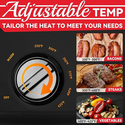 Family-sized Contact Grill, 6-Serving Electric Indoor Grill with Adjustable Temp Control, Ceramic Coating, 1500W, Graphite