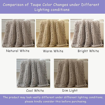 Bigacogo Chunky Knit Throw Blanket for Couch, 80x90 inches, 100% Hand Knitted with Thick Jumbo Chenille Yarn, Cozy Soft Large Rope Knot Cable Crochet Blankets for Sofa Bed Living Room, Taupe