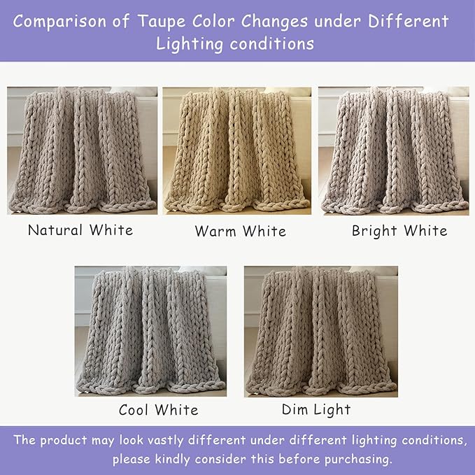 Bigacogo Chunky Knit Throw Blanket for Couch, 40x40 inches, 100% Hand Knitted with Thick Jumbo Chenille Yarn, Cozy Soft Large Rope Knot Cable Crochet Blankets for Sofa Bed Living Room, Taupe