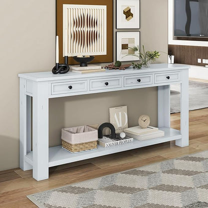 Knocbel Console Table Hallway Sofa Entryway Side Table 63" Long Furniture with 4 Drawers and Bottom Shelf for Living Room Home Decor, New Antique White