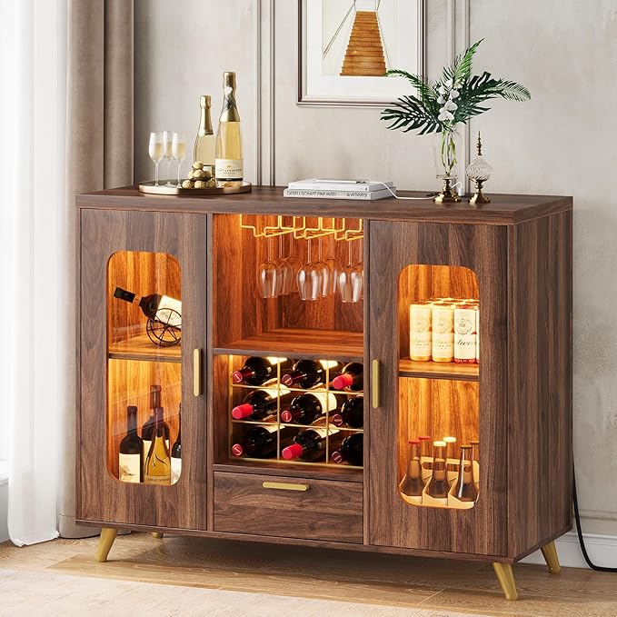 Bar Cabinet with Power Outlets, Modern Coffee Bar Sideboard with LED Light, Farmhouse Liquor Cabinet with Wine Rack, Glass Holder & Wine Storage, Walnut