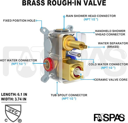 Brushed Gold Shower System with 12-Inch Rain Showerhead and Tub Spout | cUPC-certified pressure balance brass valve to prevent scalding, CEC-certified air injection technology for low pressure