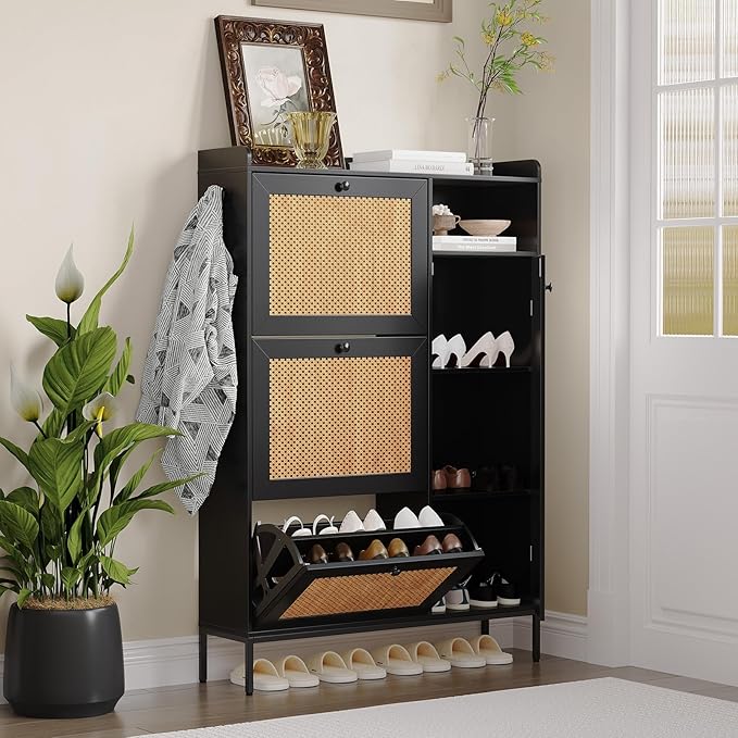 Rattan Wooden Shoe Cabinet, Freestanding 3-Flip Drawer Shoe Storage Organizer, Side Cabinet & Top Fence, Easy Assembly Shoe Rack for Entryway Hallway Living Room,Black