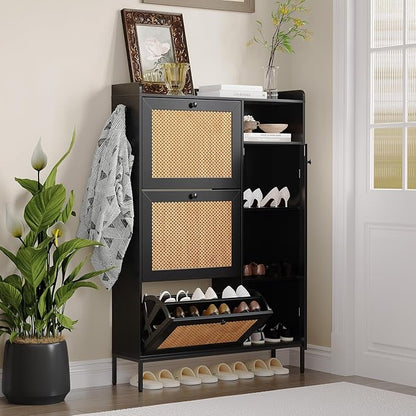 Rattan Wooden Shoe Cabinet, Freestanding 3-Flip Drawer Shoe Storage Organizer, Side Cabinet & Top Fence, Easy Assembly Shoe Rack for Entryway Hallway Living Room,Black