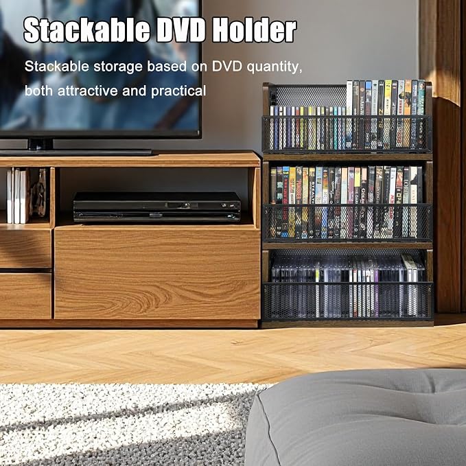 PUTNATRURE DVD CD Storage Rack, 3 Pack Holds 84 DVDs (28 Each), Stackable Wood & Metal DVD Tower with Magnetic Opening Door for Easy Access, Desktop Organizer for Blu ray, Video Game Cases, VHS Tapes