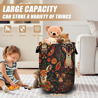 Retro Deer Owl Fox Laundry Basket, Foldable Wild Animals Floral Laundry Hamper Tote Bag Dirty Clothes Storage Bucket Toy Organizer for Bathroom/Laundry/Bedroom 15.7"x19.6"