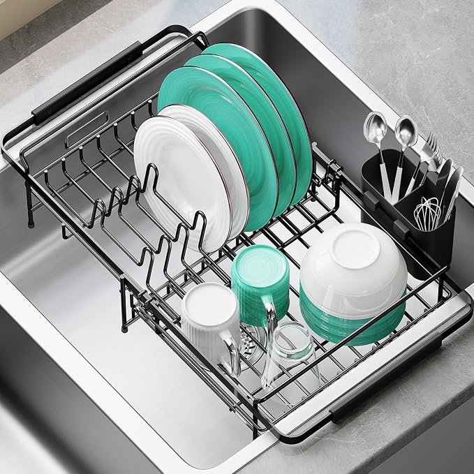 Urackify Dish Drying Rack in Sink - Stainless Steel Expandable (14.5''-18''L) Over The Sink Dish Rack with Utensil Holder, Space-Saving Dish Drainer for Kitchen Counter, 1 Piece, Matte Black