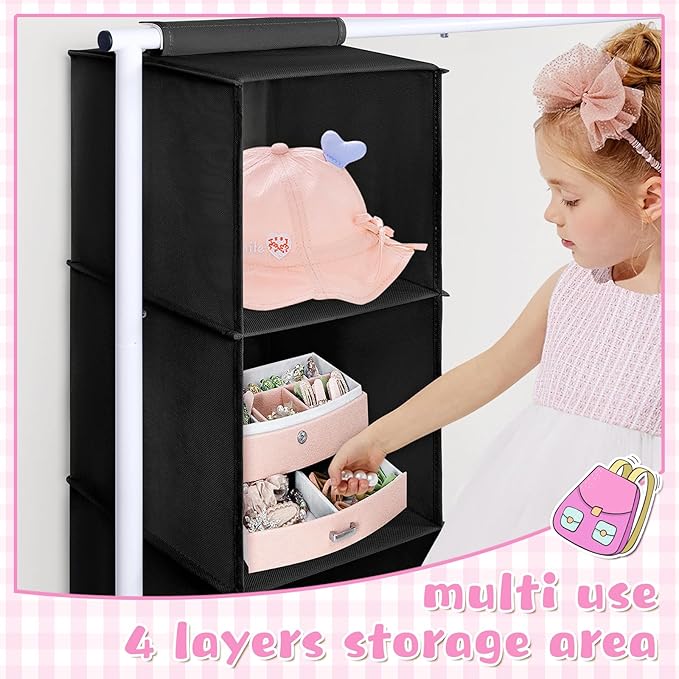 Univivi Kids Dress Up Rack with Hanging Organizer, Kids Wardrobe Closet for Hanging Clothes, Short Toddler Dress Up Storage Rack for Baby Clothes, Dance Costumes, Black/White