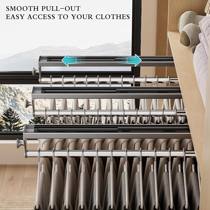 2 Pack Pull Out Closet Rod, 13.7inch Heavy Duty Pants Rack, Adjustable Clothes Hanger Rail, Space Aluminum Valet Rod, Top Mounted Wardrobe Clothes Organizer, Closet Storage for Trousers Coats Gray