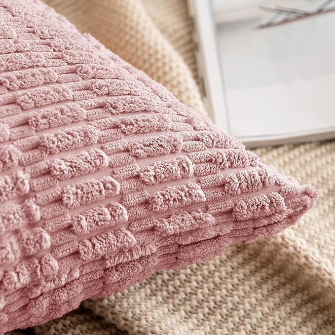 MIULEE Pack of 2 Corduroy Decorative Throw Pillow Covers 16x16 Inch Soft Boho Striped Pillow Covers Modern Farmhouse Home Decor for Sofa Living Room Couch Bed Blush Pink Spring Valentine Decor
