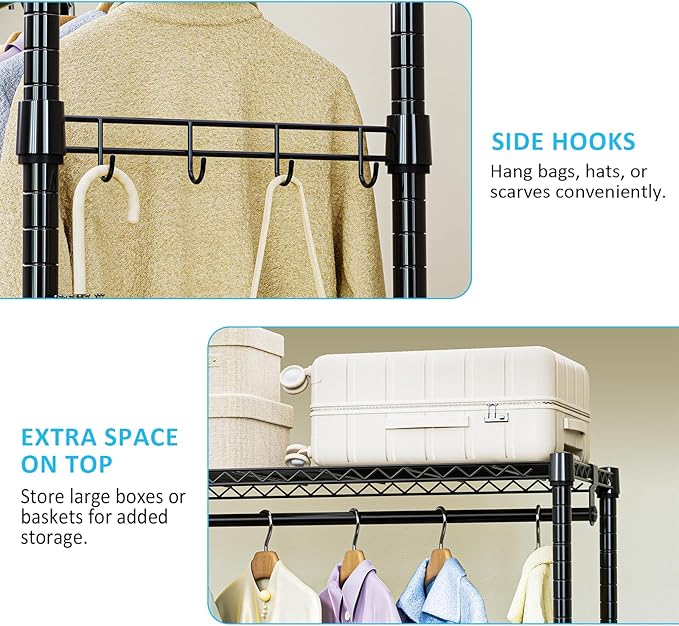 IZEUK Heavy Duty Rolling Garment Rack Wire Clothes Rack for Hanging Clothes (Black, Z2-17.7" D x 47.2" W x 83.6" H)