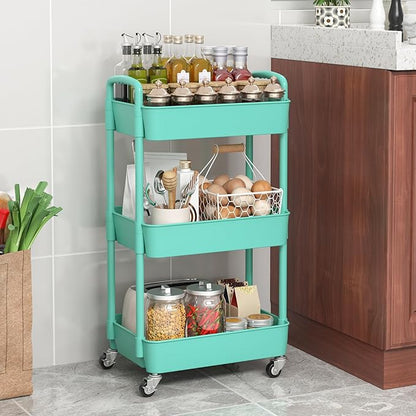 Sywhitta 3-Tier Plastic Rolling Utility Cart with Handle, Multi-Functional Storage Trolley for Office, Living Room, Kitchen, Movable Storage Organizer with Wheels, Green