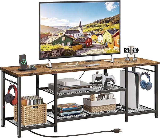 YGEOMER TV Stand for Up to 65 Inch TVs, Entertainment Center with Power Outlet and Open Storage Shelves, TV Media Console Table for Living Room and Bedroom, Rustic Brown