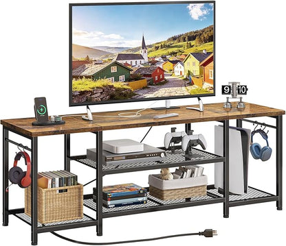 YGEOMER TV Stand for Up to 65 Inch TVs, Entertainment Center with Power Outlet and Open Storage Shelves, TV Media Console Table for Living Room and Bedroom, Rustic Brown