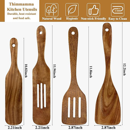 Wooden Spatula, Heat Resistant Cooking Wood Spatulas Spurtles for Non Stick Cookware Kitchen Use, Handmade Non Toxic Teak Wooden Cooking Utensil Spurtle Set for Cast Iron Baking Flipping, 4 Piece