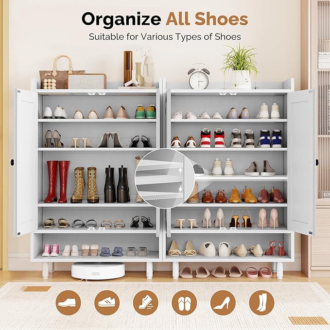 Farmhouse Shoe Cabinet with Doors, 6-Tier Wooden Shoe Organizer with Adjustable Shelves, Entryway Storage Cabinet with Metal Legs, Rustic Shoe Storage for Entryway or Living Room (White)