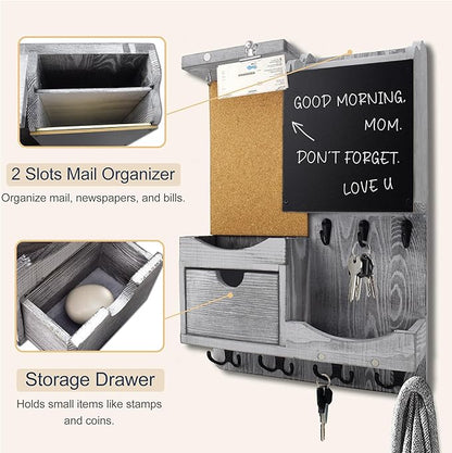 Key Holder Wall Mount， Mail Organizer Key Holder for Wall with Shelf, Drawer, Chalkboard, Corkboard, Home Decor Wall Mounted for Room Entryway(Grey)