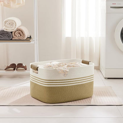 SunNewt 60L Large Laundry Basket with Leather Handles for Living Room Storage, Woven Rope BasketsBin for Blanket, Kids Toy, Gifts, Wicker Hamper for Bedroom Dirty Clothes, 21"x15"x11" Khaki
