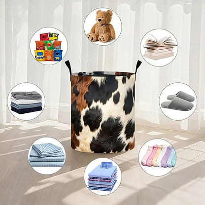 Brown Cowhide Laundry Basket Laundry Hamper With Handles Collapsible Laundry Baskets Storage Basket For Room Bathroom Bedroom Decor