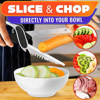 6-in-1 Cutting Board Scissors with Ribbed Blade, Spring-Assist & Safety Lock - Heavy Duty Tool for Slicing Meat, Fish, Bread, Veggies & Fruit One-Handed - Dishwasher Safe Kitchen Scissors for Food