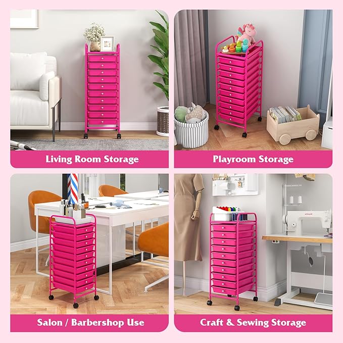 OFFICEJOY Storage Cart, Rolling Utility Cart with 10 Drawers, Portable Handles & Lockable Wheels, Mobile Paper Toys Storage Organizer Large Capacity for Home Office School Teacher (Hot Pink)