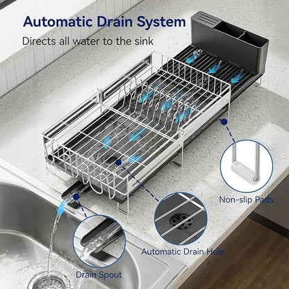 Stainless Steel Dish Drying Rack - Expandable Dish Racks for Kitchen Counter Organizer with Drain Board, Detachable Utensil & Cup Holder, Dish Drainer for Small Kitchen Counter, Black