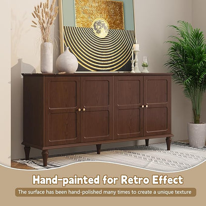 ARTPOWER Sideboard Buffet Cabinet with Storage, 58'' Mid-Century Modern Storage Cabinet with 4 Doors and Adjustable Shelves, Accent Style Sideboard for Entryway, Dining Room, Living Room, Brown