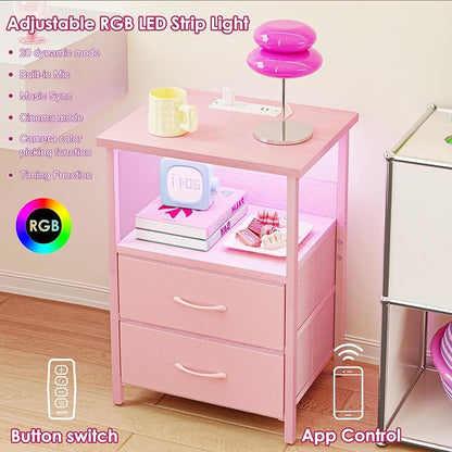 Fixwal Night Stand with Charging Station, LED Nightstand with U-S-B Ports and Outlets, 2 Fabric Storage Drawers with PU Finish, Small Bedside Table, Pink