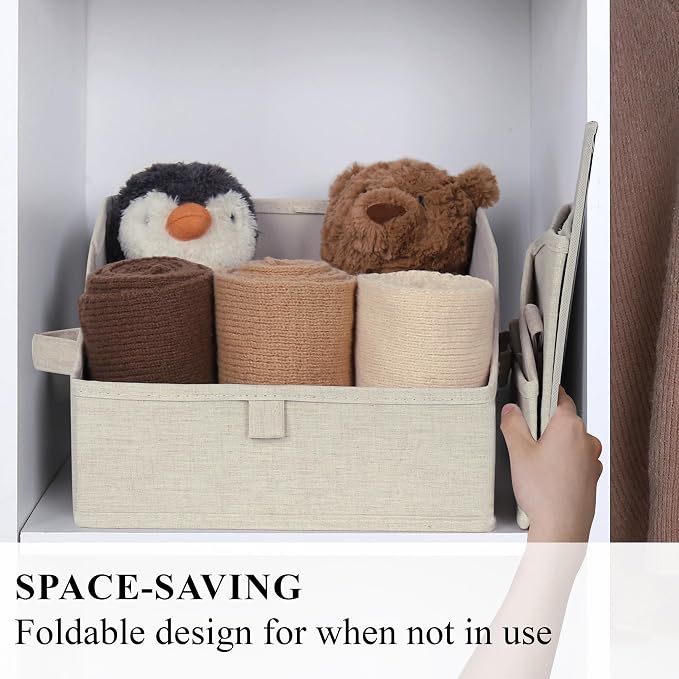 WUIKE Trapezoid Storage Bins for Closet Organizers and Storage, Fabric Closet Bins with Handles, Foldable Storage Baskets for Clothes, Purse, Blanket, Line Beige, Large, 3-Pack