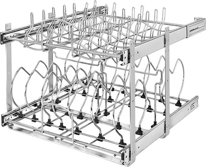 Rev-A-Shelf 2-Tier Kitchen Cabinet Pullout, Cabinet Organizer for Pots, Pans, and Lid Cookware, Adjustable Heavy Duty Wire, Chrome, Min Opening Width of 20.5", 5CW2-2122-C