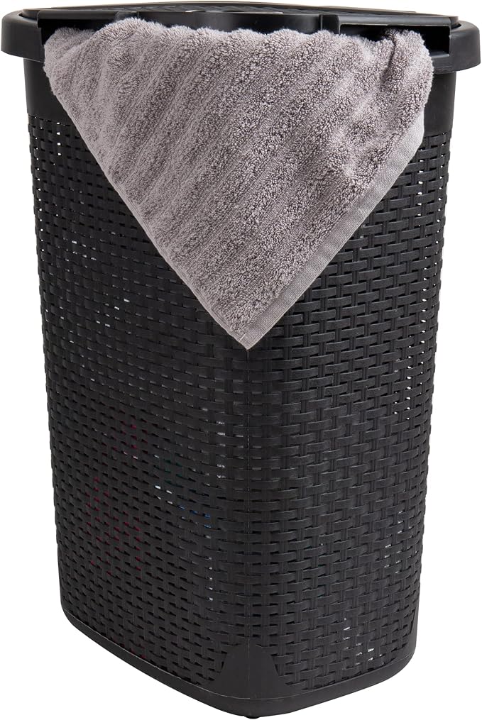 Mind Reader 60L Slim Laundry Hamper, Clothes Basket, Lid, Wicker Design, Plastic, 17.65"L x 13.75"W x 24.15"H, Black
