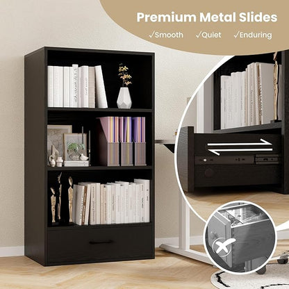 Tangkula 3 Tier Bookcase with Drawer, 42.5”Tall Freestanding Bookshelf with 3 Open Shelves & 1 Drawer, Anti-toppling Devices, Modern Display Storage Organizer for Home Office (Black, 42.5" H)